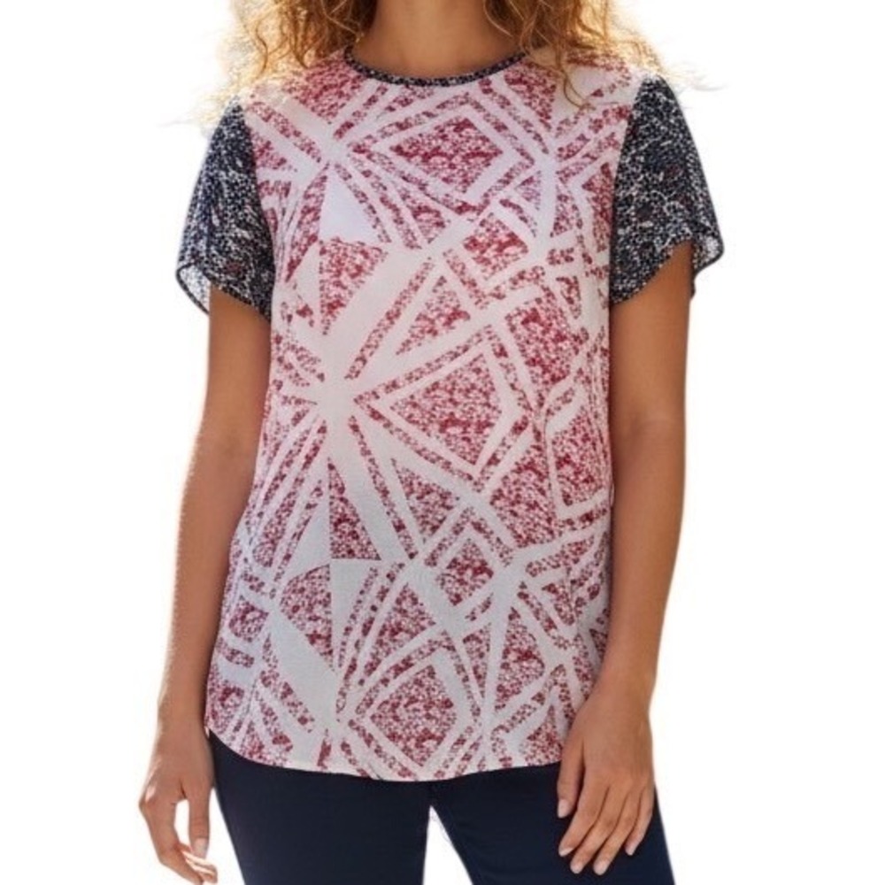 CABI Red White &‎ Blue Print S/S Top Blouse EUC Size XS